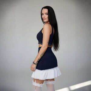 Oh Yes ✦ Navy White Lace Up Mini Skirt ✦ Two Tone Frill Trim High Waist M NWT